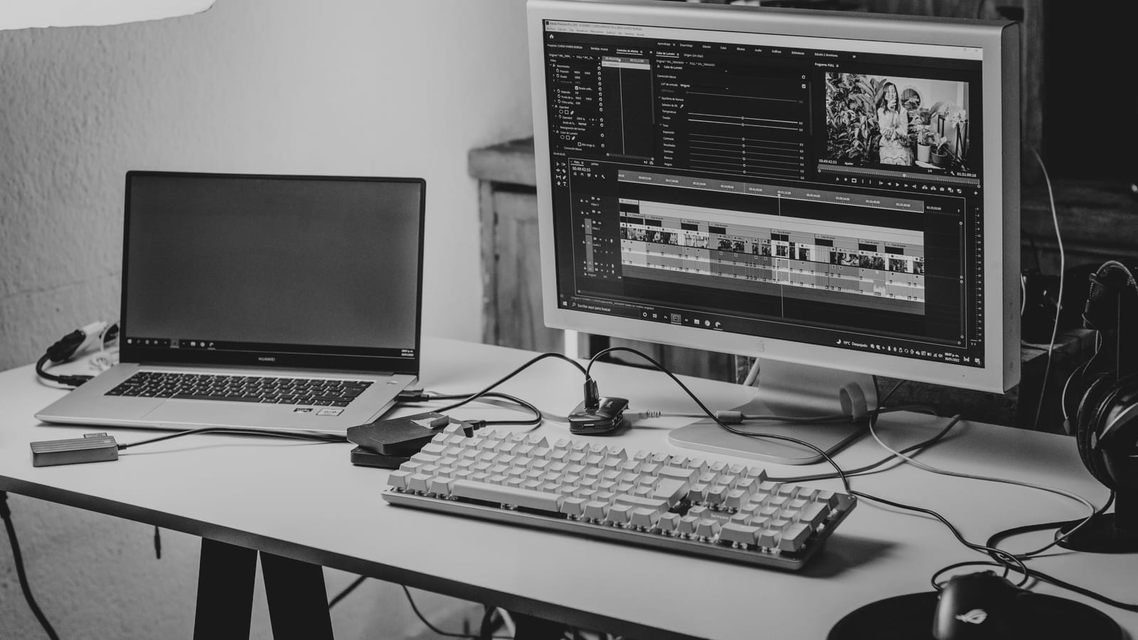 A monochrome workspace setup featuring a laptop and monitor for video editing.